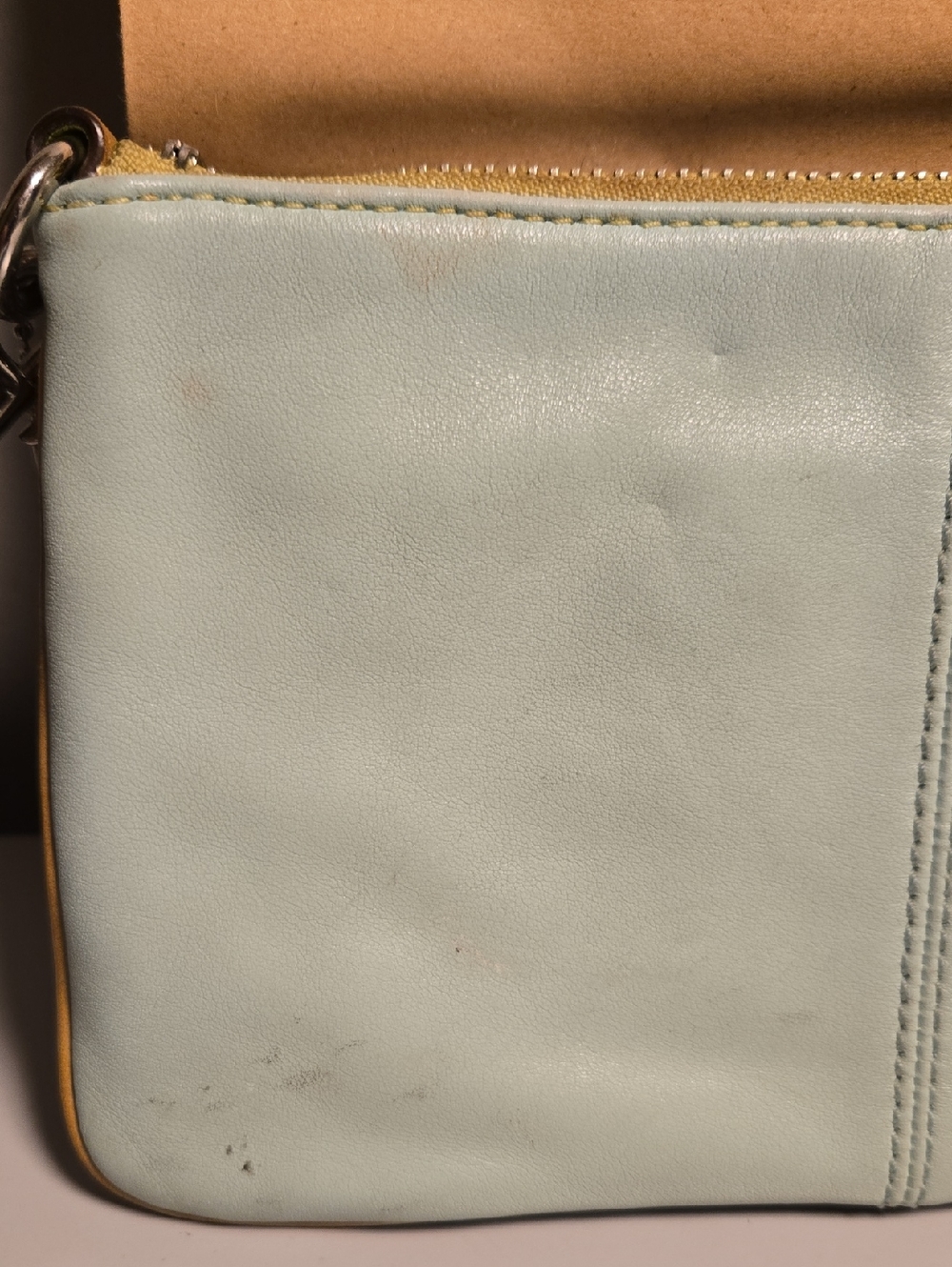 COACH Two-Tone Leather Wristlet- Blue, Green and Tan - Picture 6 of 11